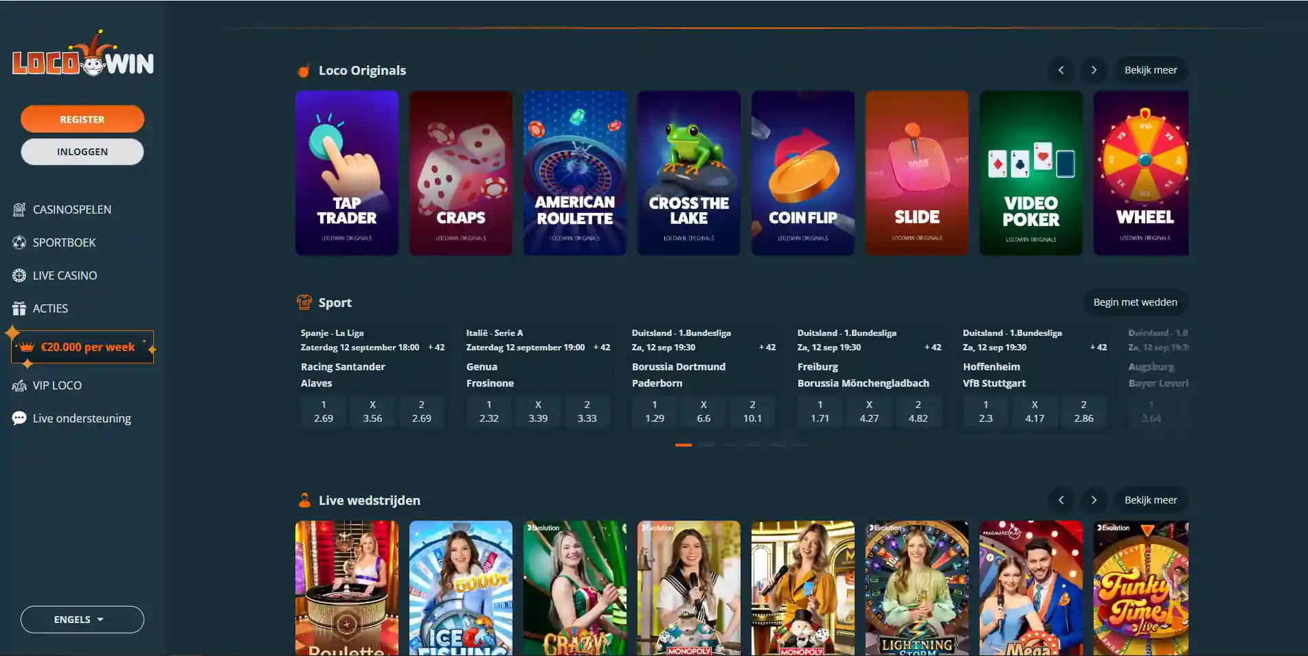 Actuele Locowin-hoofdomgeving met casino, live casino, sportweddenschappen en promoties